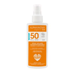 Organic sunscreen spray with SPF 50 protection. Contains natural ingredients like aloe vera and vitamin E. Suitable for sensitive skin.