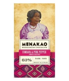 Dark chocolate bar with combava and pink pepper, 63% cocoa content.