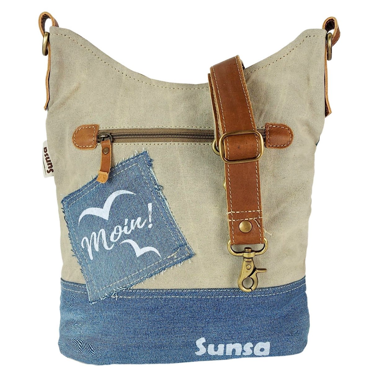 Sunsa hobo bag. Pouch bag made of upcycled jeans and canvas. Women's/girls' shoulder bag with adjustable handle. Lightweight large fabric bag with zipper.
