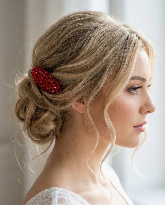 Peineta de cristal rojo carmín con pedrería para looks de novia