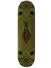 Skateboard deck in olive green color with abstract geometric pattern design. Suitable for kids and youth.