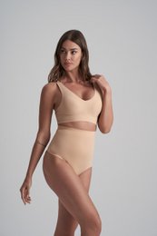 Beige v-neck bra top with matching high-waisted briefs. Available in sizes S-XXL.