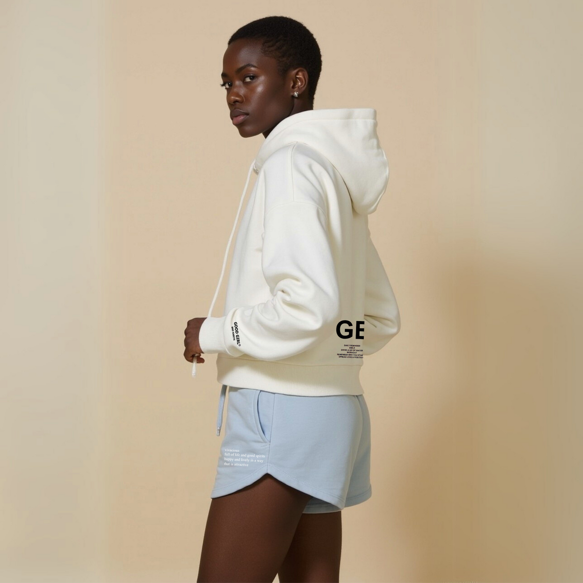 Crop hoodie with zipper "GGBH" - white