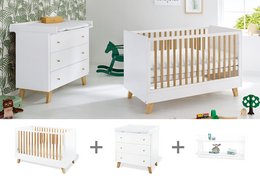 A 3-piece starter set including a cot bed, wide changing unit, and wall shelf in a modern, minimalist design with natural wood accents.