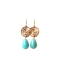 Gold plated carved disc drop earrings with turquoise amazonite teardrop stones.
