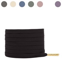 Black cotton shoelaces with a matte finish and a gold-tone metal aglet.