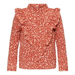 A cozy, long-sleeved sweatshirt in a vibrant orange leopard print pattern, perfect for kids' casual wear.