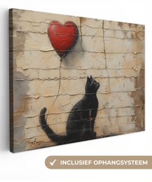 Canvas schilderij - Wanddecoratie Kat - Graffiti - Ballon - Street art - Abstract - Muurdecoratie woonkamer - Kamer decoratie modern - Abstracte schilderijen