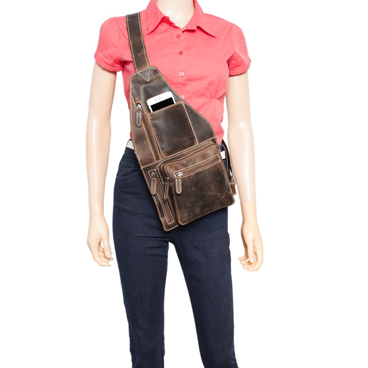 Bolso bandolera en 3 colores de piel de búfalo con bandolera regulable y 5 compartimentos con cremallera