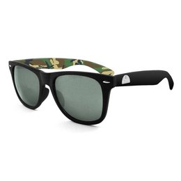 Classic retro-style sunglasses in a black and camouflage frame. Durable plastic construction with dark green lenses for UV protection.