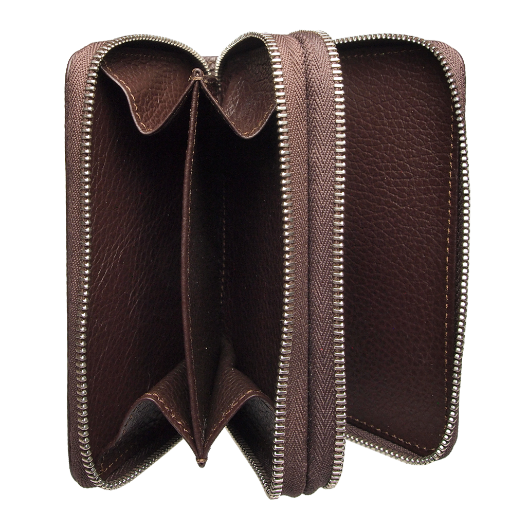 8 Credit Card Dual-Zip kiezelstenen lederen portemonnee bruin