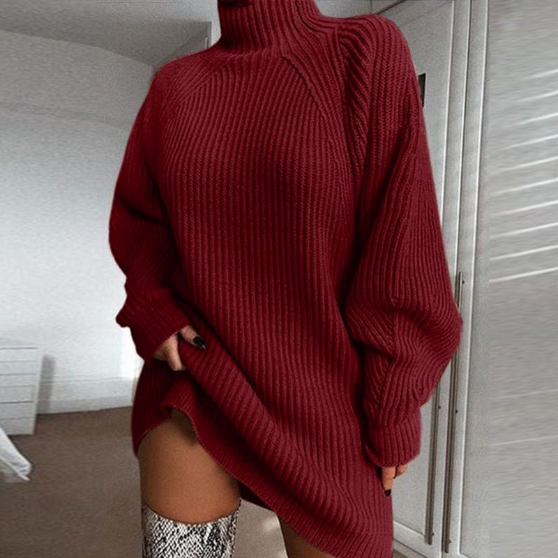 Solider Rollkragen-Langpullover Winter warmes Damen-Pulloverkleid