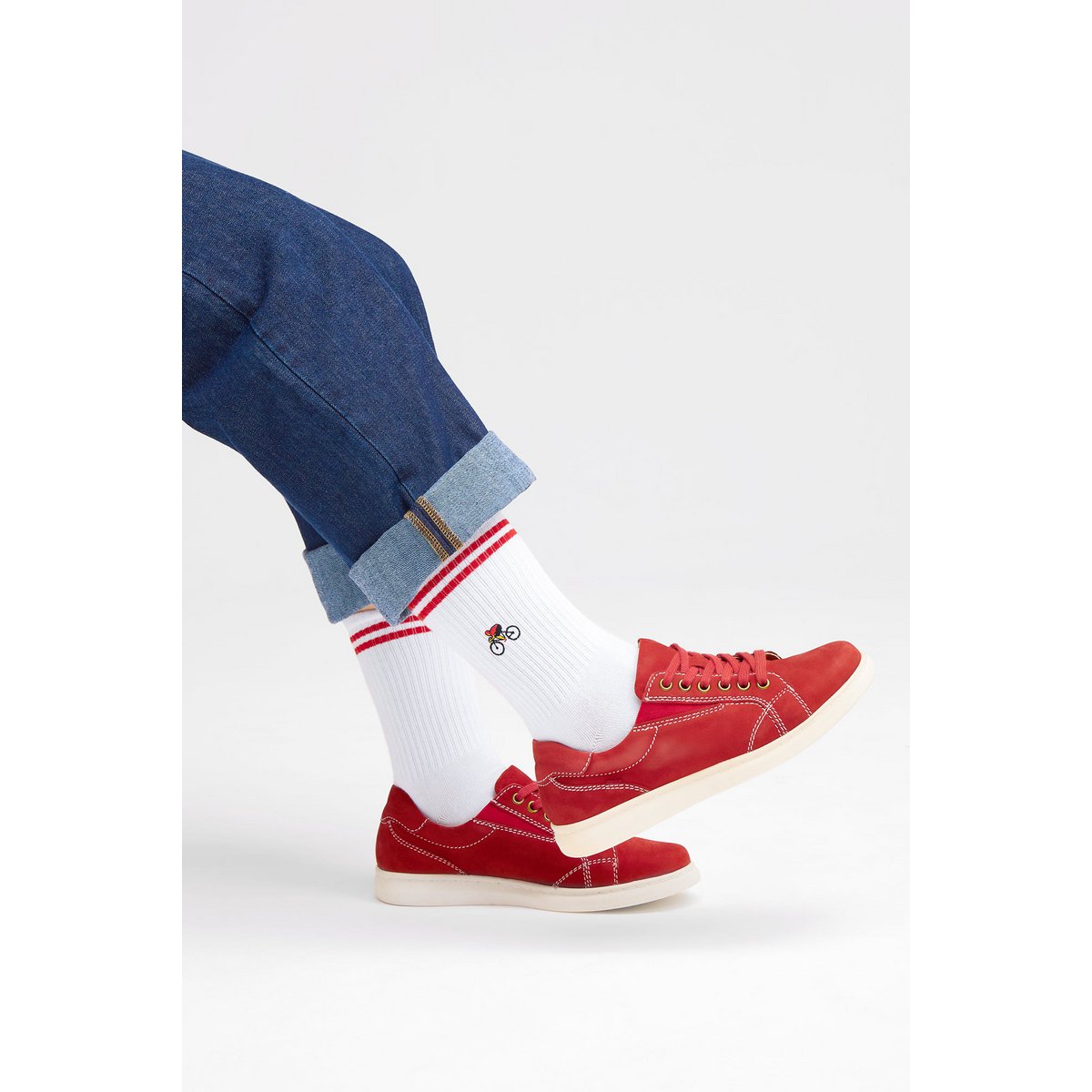 Organic Bicycle Socks - White tennis socks with embroidered cyclist