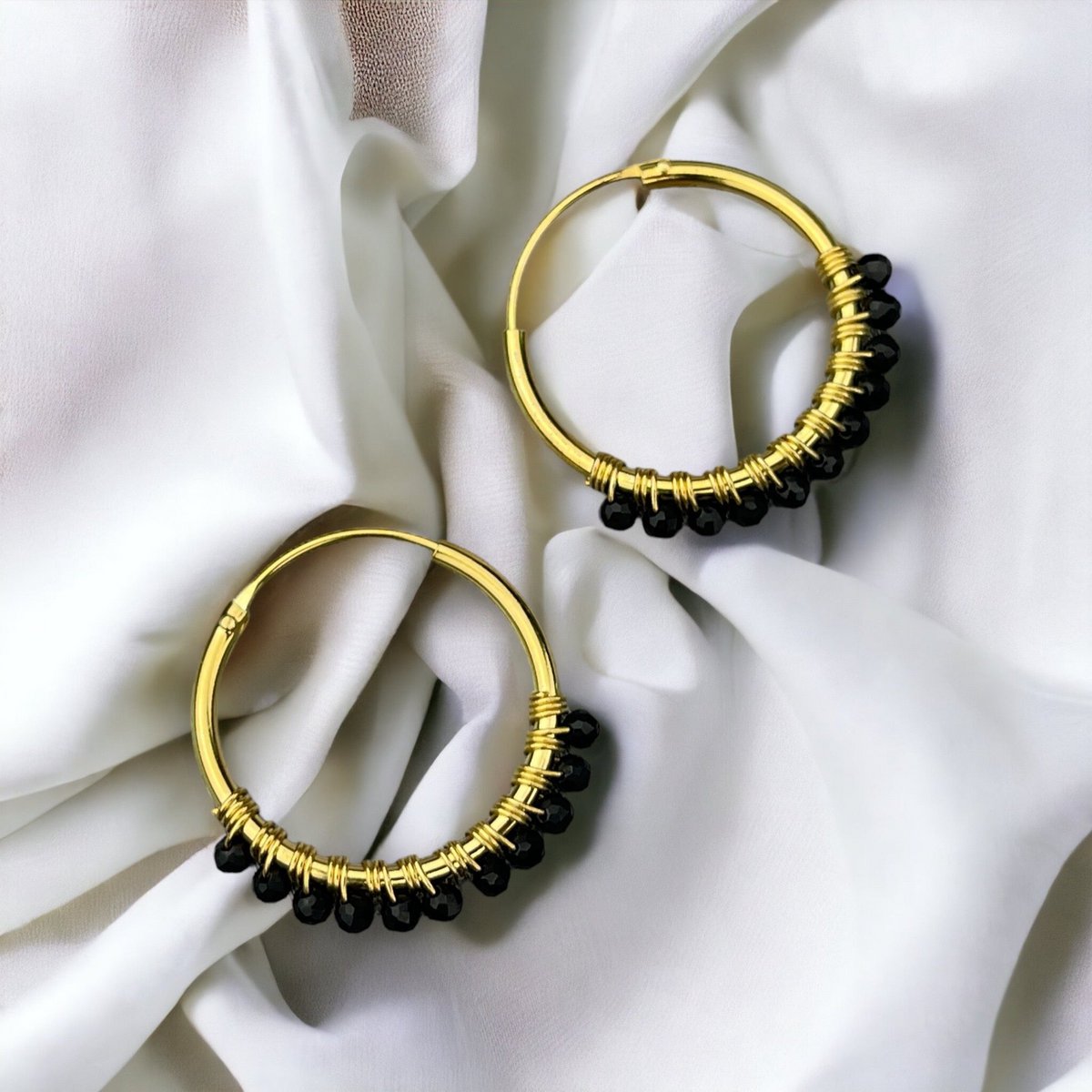 Gemstone Onyx Hoop Earrings - 925 Sterling Gold Plated - OHR925-26