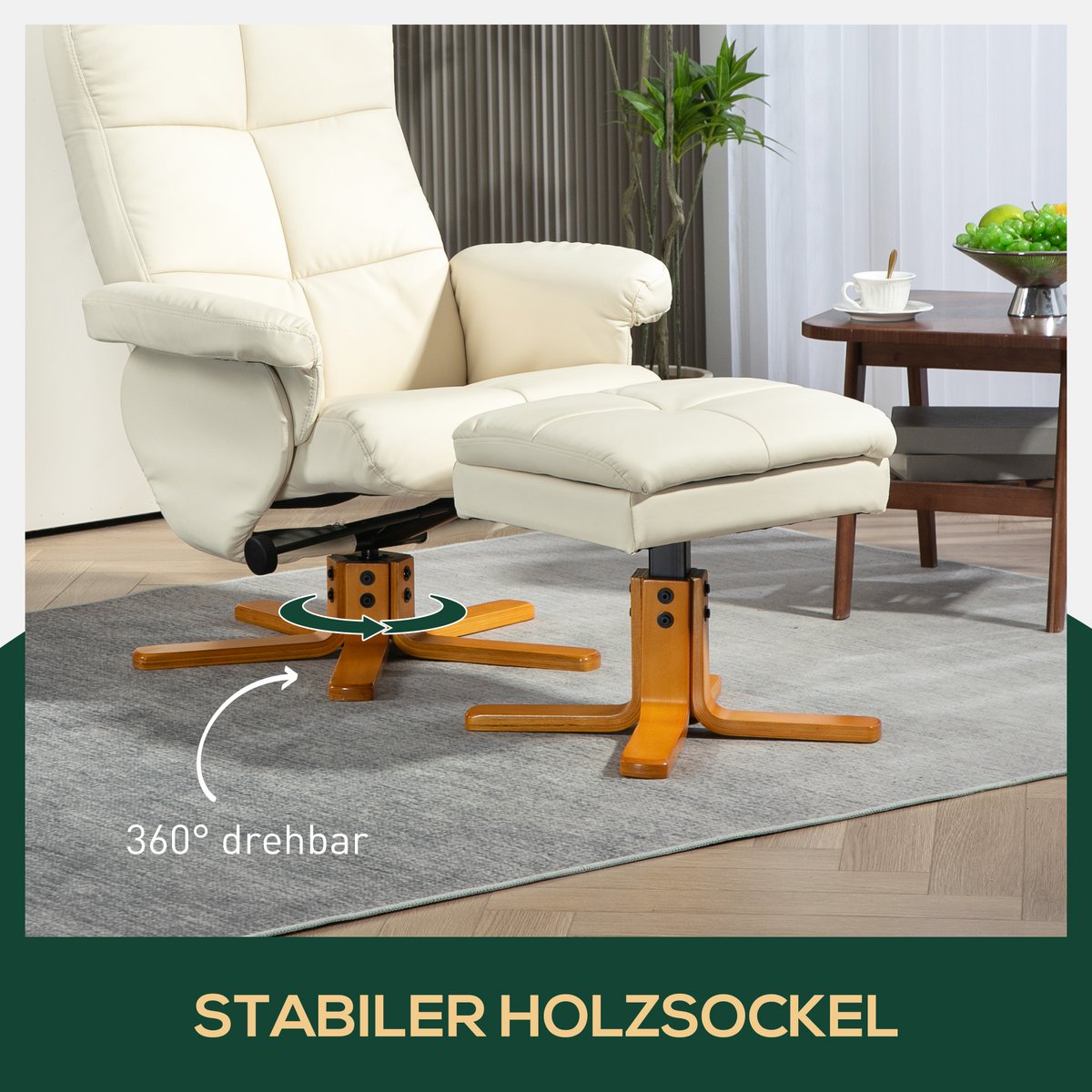 Relaxation chair with stool, 360° rotating TV chair with reclining function, reading chair for bedroom, living room, faux leather, brown