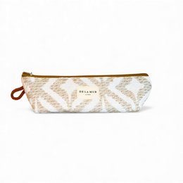 Beige and white patterned pencil case with zipper closure and leather strap.
