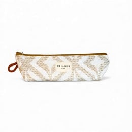 Beige and white patterned pencil case with zipper closure and leather strap.