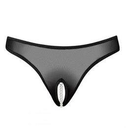 Sheer black thong with open crotch design, made of lightweight, breathable mesh material.