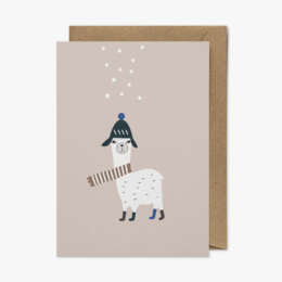 Greeting card featuring a llama wearing a scarf against a beige background with white dots.
