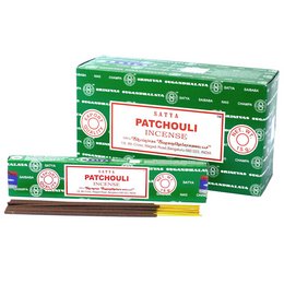 Satya Patchouli incense sticks, earthy and aromatic patchouli fragrance, natural ingredients, pack of 15 grams.