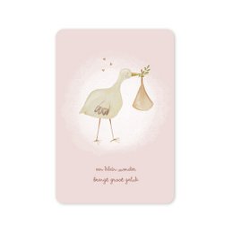 A pink postcard with a stork carrying a baby girl. The text on the card says "Bringing your bundle of joy".