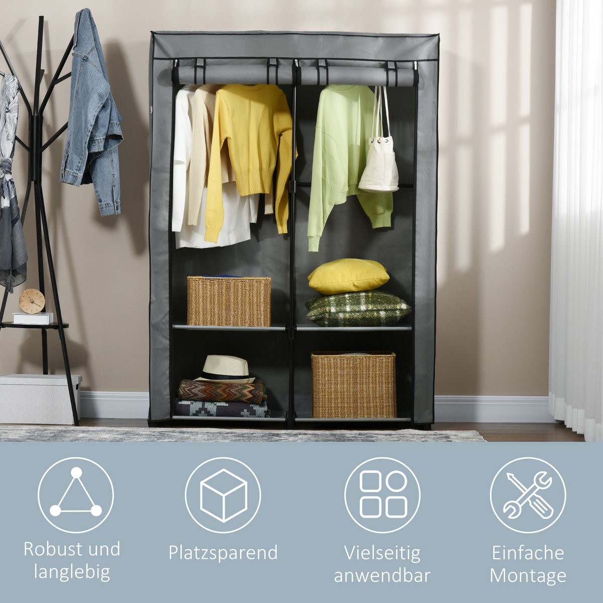 Fabric Closet Storage Solution 4 Shelves 2 Clothes Rails Gray