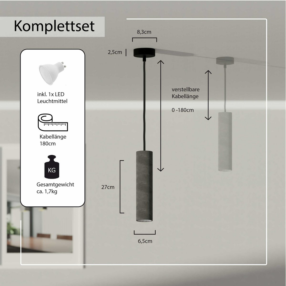 Pendant lamp "Nara27" concrete lamp GU10 Silver Black