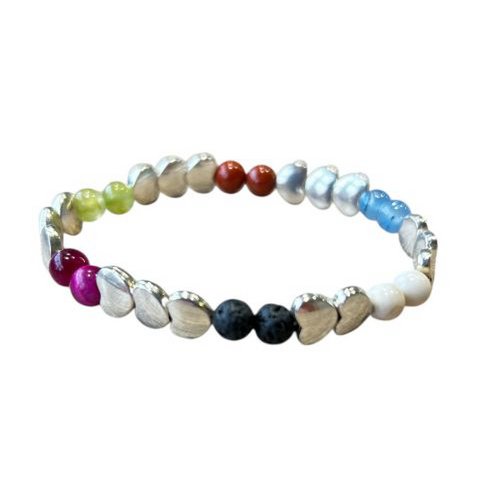 Women's bracelet with a mix of natural stones 6 mm and silver-colored hearts