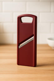  Stainless steel vegetable slicer, 19x7.5 cm in size, with a red handle.