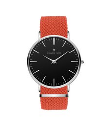 Sleek black watch with an orange woven strap, featuring a minimalist design and classic round shape.
