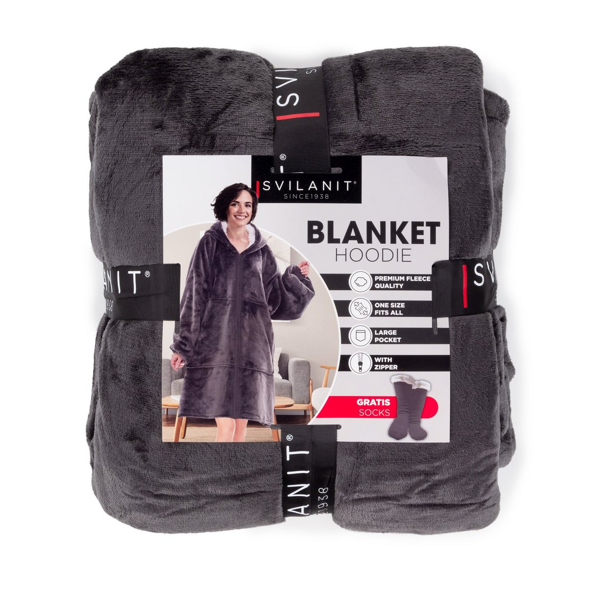 Vitapur - Couverture à capuche avec fermeture éclair + chaussettes - Gris