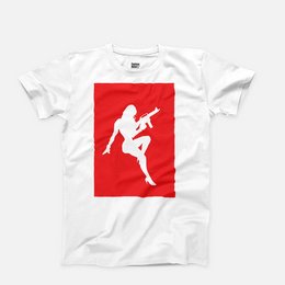 White t-shirt with a red graphic of a person playing guitar, suitable for kids.