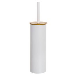 A white bamboo toilet brush holder with a wooden top. The cylindrical shape and minimalist design make it a practical and stylish bathroom accessory.