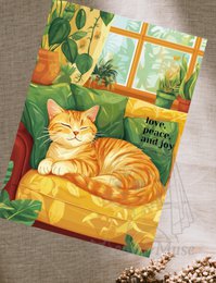 Cozy cat resting in a sunny room, surrounded by lush greenery and a window view. Warm, inviting scene with a peaceful, relaxing atmosphere.