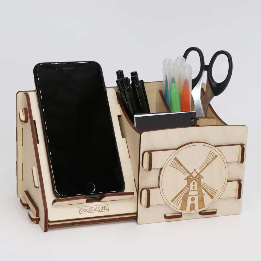 CoolCuts Mill Organizer da scrivania con supporto per cellulare/tablet in legno trasparente