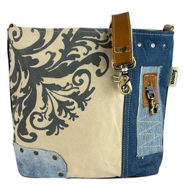 Sunsa dames schoudertas. Schoudertas gemaakt van upcycled jeans en canvas. Handtas vintage retro-stijl. Crossbodytas voor dames met print