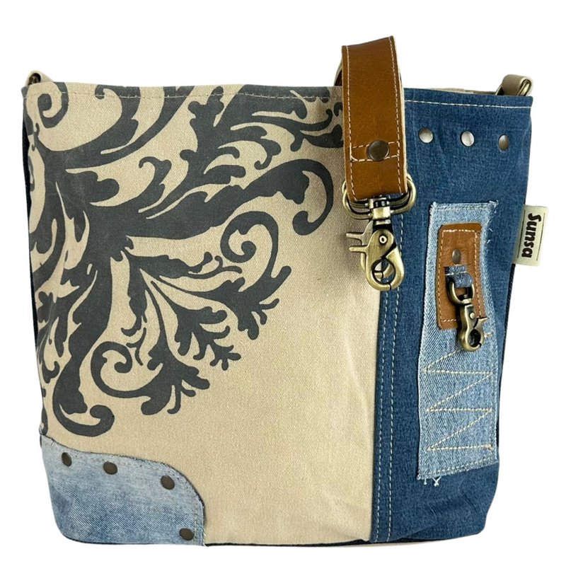 Sunsa dames schoudertas. Schoudertas gemaakt van upcycled jeans en canvas. Handtas vintage retro-stijl. Crossbodytas voor dames met print
