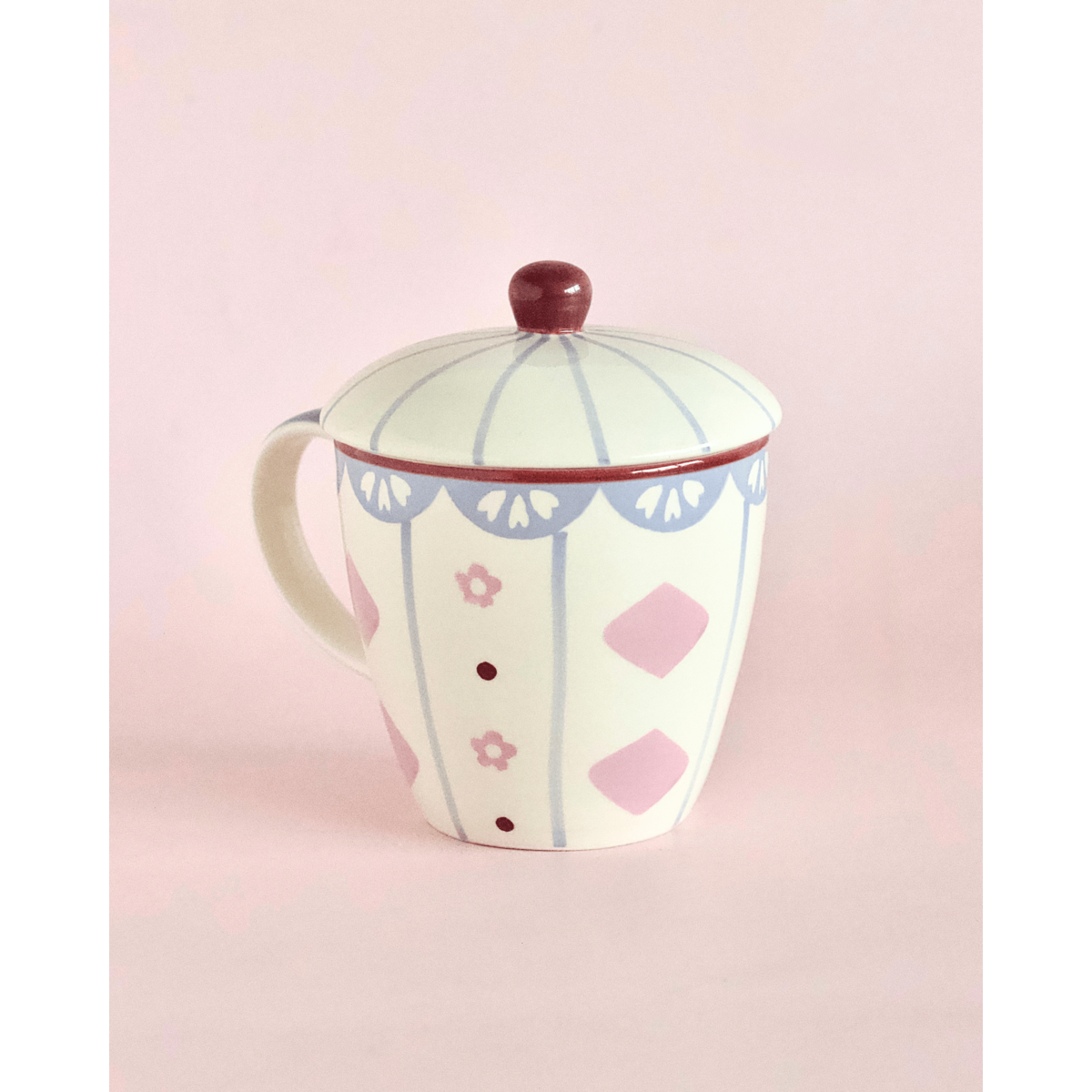 Handpainted Ceramic Coffee Mug With Lid - Floral Pattern, 385ml