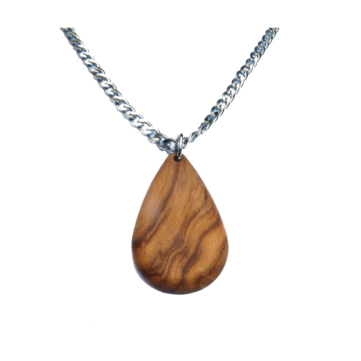Collier en bois d'olivier à gros grains en forme de goutte, chaîne gourmette argentée en acier inoxydable, fait main