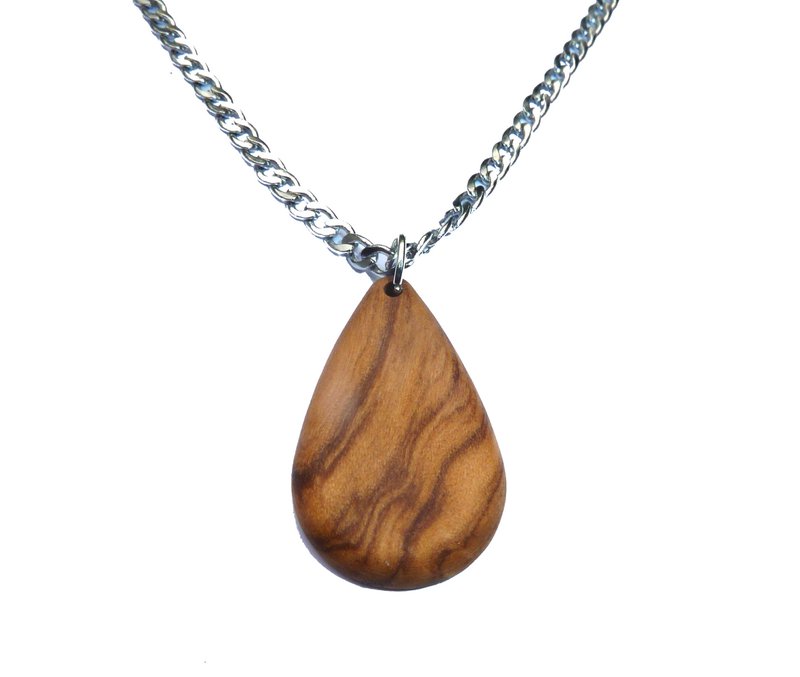 Necklace made of olive wood with great grain in the shape of a teardrop, silver curb chain made of stainless steel, handmade
