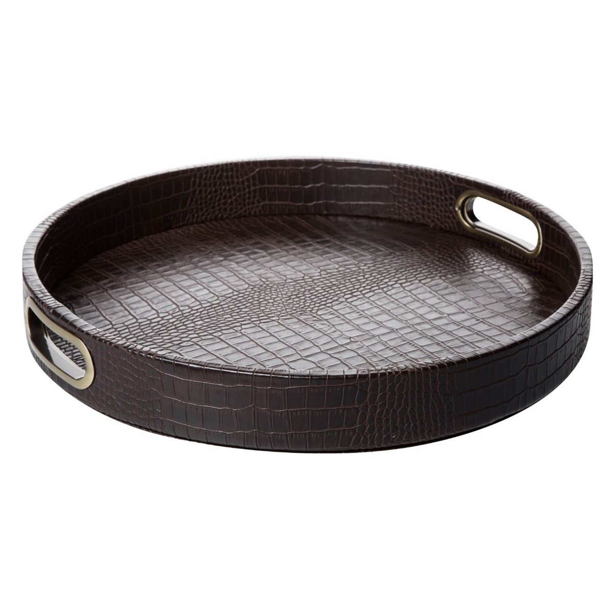 Plateau rond, crocodile marron foncé, avec poignées en laiton
