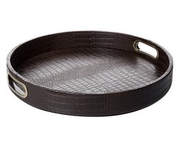 Plateau rond, crocodile marron foncé, avec poignées en laiton