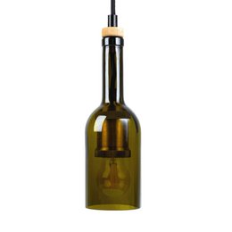 Pendant lamp with a glass bottle-shaped shade in a dark green living room with a plush green sofa and wooden furniture.
