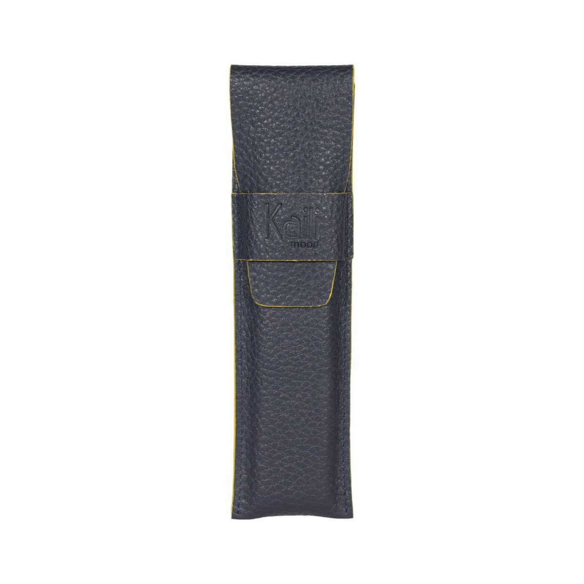 K0028DB | Etui van echt volnerf leer, dollargrain - Blauwe kleur met gele randen - Afmetingen: 4,5 x 16,5 x 1 cm - Verpakking: Geschenkdoos onder/deksel