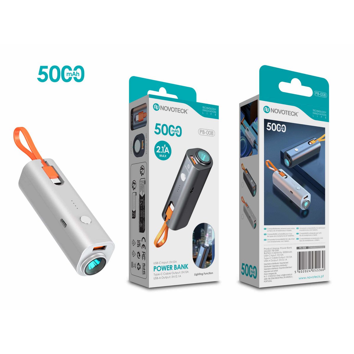 Power Bank portátil PB-008 de 5000 mAh - Blanco con cable incorporado y linterna LED
