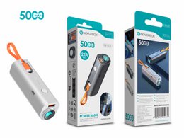 Power Bank portátil PB-008 de 5000 mAh - Blanco con cable incorporado y linterna LED