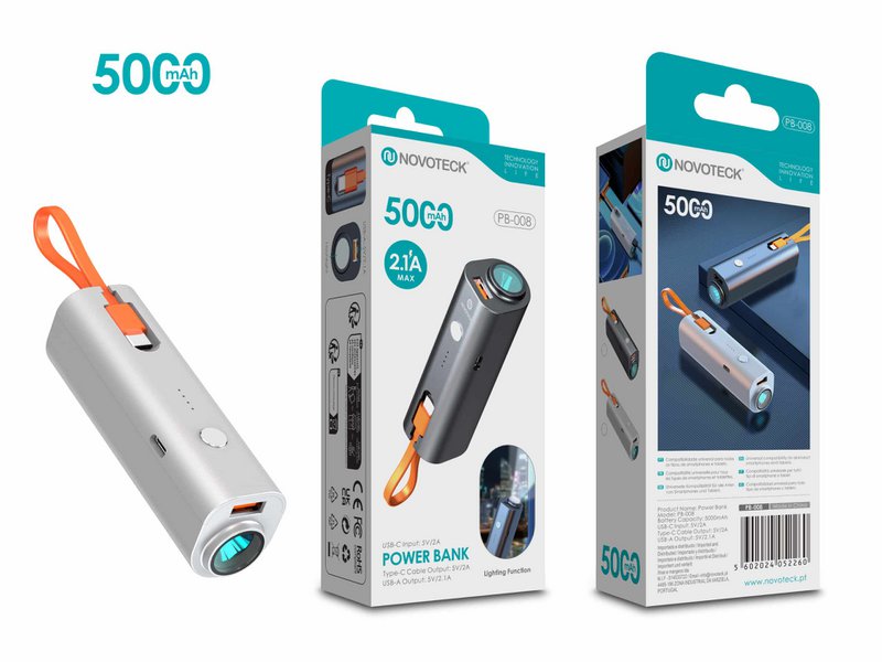 Power Bank portátil PB-008 de 5000 mAh - Blanco con cable incorporado y linterna LED