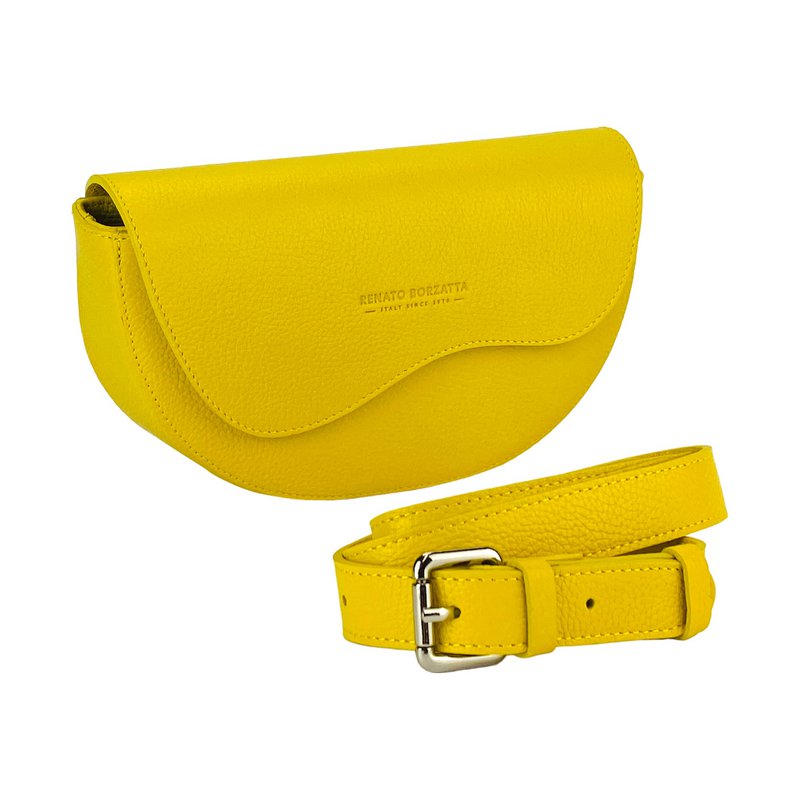RB1027R | Runde Damen-Umhängetasche aus echtem Leder, hergestellt in Italien. Abnehmbarer und verstellbarer Schultergurt aus Leder. Zubehör aus poliertem Nickel – gelbe Farbe – Maße: 25 x 15 x 9 cm