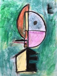 Abstract wall art featuring geometric shapes in vibrant colors including orange, pink, and blue on a green background.
