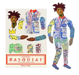 Colorful, abstract puppet figure with a crown-like headdress, featuring a mix of patterns, shapes, and textures. The puppet appears to be a decorative or artistic piece, likely inspired by the work of artist Jean-Michel Basquiat.